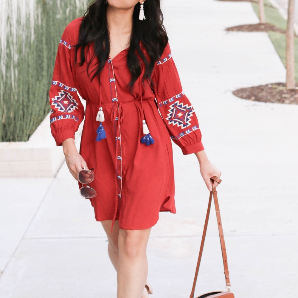 LOFT Red and Blue Embroidered Long Sleeve Dress